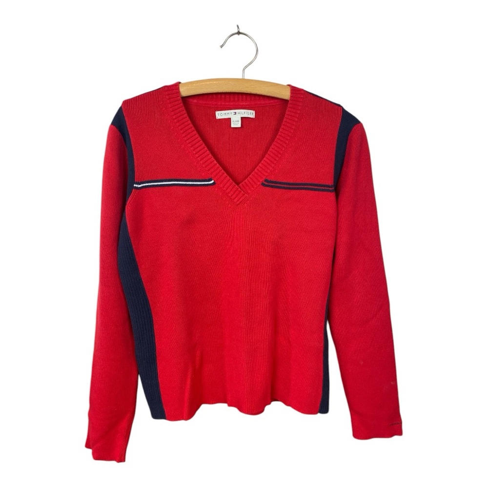 Tommy Hilfiger Red Navy V-Neck Classic Ribbed Sweater Preppy Vintage Comfy